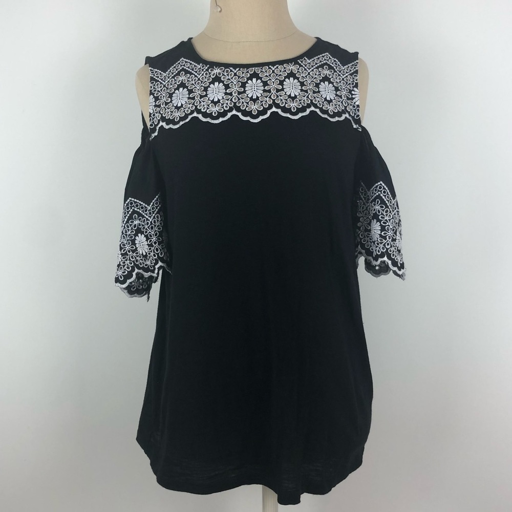 LOFT Black and White Cold Shoulder Top Petite M